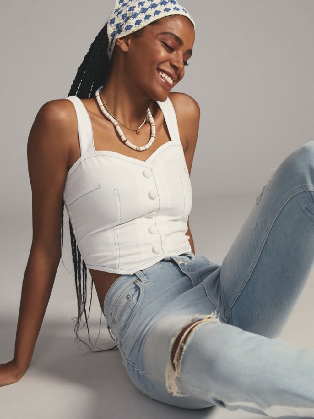 Anthropologie Maeve Linen Buttonfront Cropped Sweetheart Tank Top | White | XS
